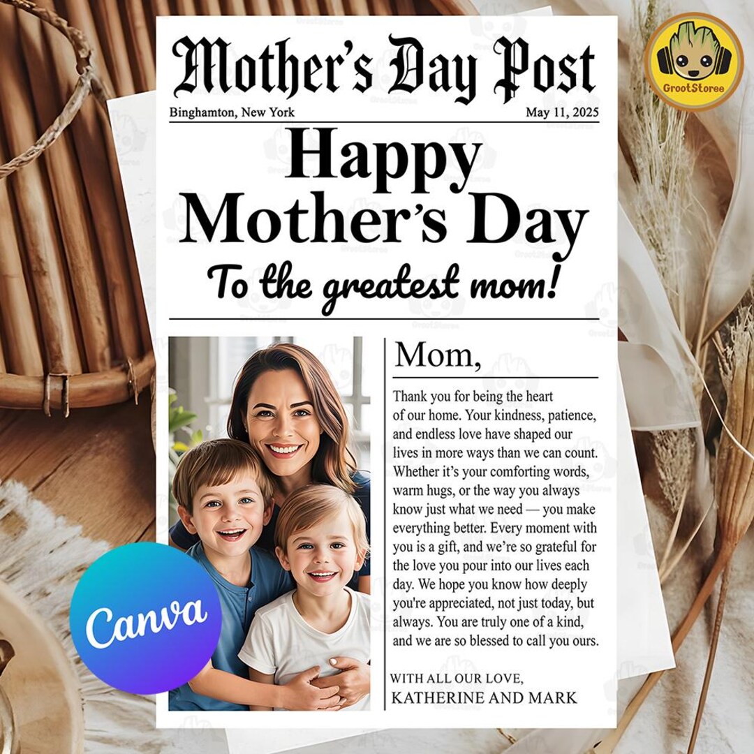 Canva Template Mother Newspaper, Personalized Mothers Day Gift ...