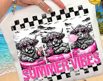 Highland Cow Summer Png, Funny Beach Cow Png, Summer Vibes PNG, Retro Summer PNG, Beach Shirt PNG, Digital Download