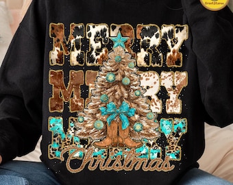 Retro Howdy Christmas Png, Trendy Western Christmas Tree Png, Cowgirl Turquoise Coquette Xmas Png, Holiday Cowboy Shirt Png, Cowhide png
