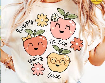 Retro Happy To See Your Face Png, Groovy Apple Teacher Png, Smile Face Back To School Png, Trendy Teacher Shirt Png, Happy Face Apple Png