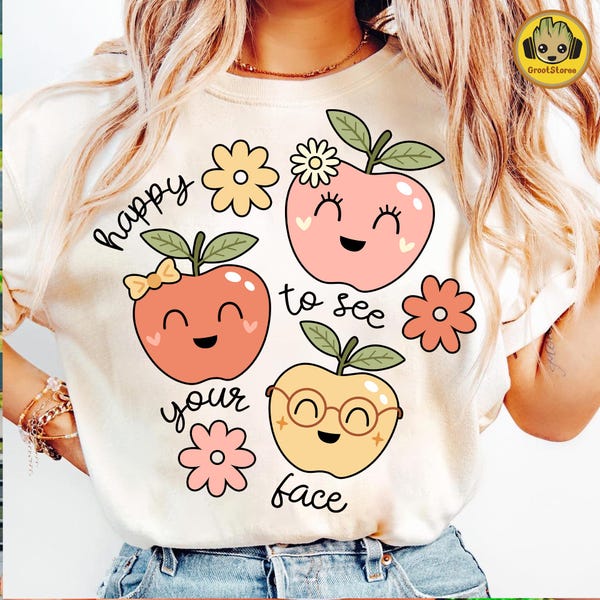 Retro Happy To See Your Face Png, Groovy Apple Teacher Png, Smile Face Back To School Png, Trendy Teacher Shirt Png, Happy Face Apple Png