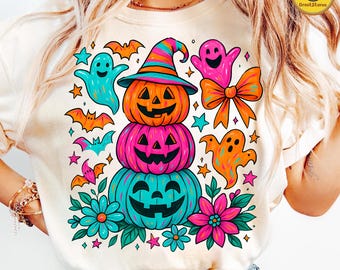 Preppy Neon Halloween Pumpkin Ghost PNG, Coquette Halloween Bow png, Bat Ghost PNG, Girly Spooky Pumpkin Png, Fall Png, Cute Halloween PNG