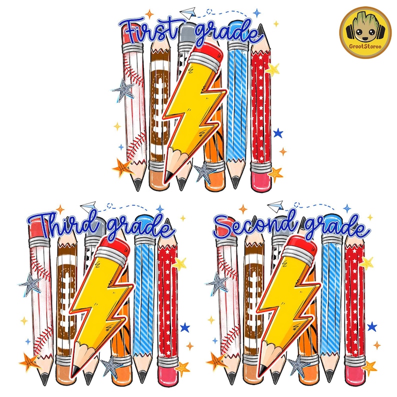 Pre-K To Fourth Grade PNG Bundle, Preppy Blue Gingham School Design, Baseball Basketball Lightning Bolt, First Day Of School PNG image 3