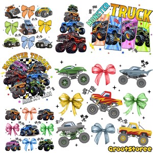 K&ouml;nnte beinhalten: Eine Sammlung farbenfroher Monster-Truck-Illustrationen, darunter ein Truck in Hai-Form und ein gr&uuml;ner Truck. Das Bild zeigt auch Schleifen in verschiedenen Farben und den Text "Monster Trucks Are My Jam."
