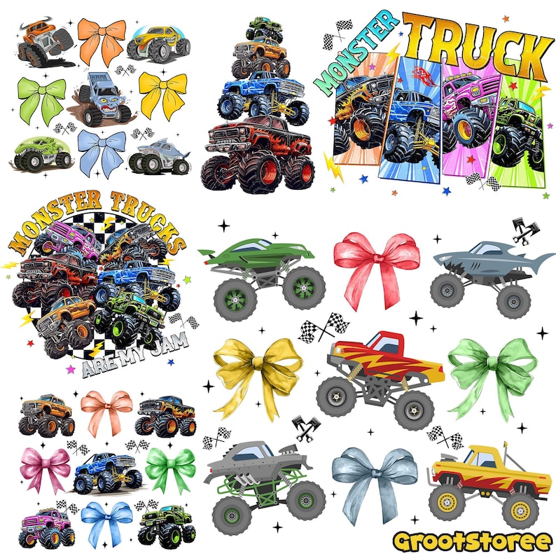 K&ouml;nnte beinhalten: Eine Sammlung farbenfroher Monster-Truck-Illustrationen, darunter ein Truck in Hai-Form und ein gr&uuml;ner Truck. Das Bild zeigt auch Schleifen in verschiedenen Farben und den Text "Monster Trucks Are My Jam."