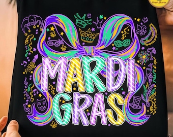 Mardi Gras Carnival PNG, Retro Coquette Bow, Mardi Gras Y’all Design, Fleur De Lis Louisiana Clipart, Trendy Brushstroke Shirt PNG
