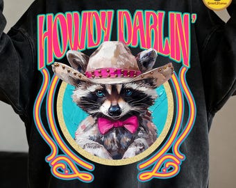 Funny Western Raccoon PNG, Howdy Darlin Cowgirl Design, Cute Rodeo Animal Clipart, Halftone Country Vintage Aesthetic PNG, Digital Download