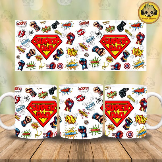Father's Day Superhero Fist Bumps Mug Wrap, Superhero Dad 11oz Mug Template, Father 11oz Mug Png, Fathers Day Coffee Mug Png, Dad Mug Gift