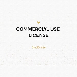 Puede incluir: Un fondo blanco con un corazón dorado y el texto "COMMERCIAL USE LICENSE" en negro. El texto "GrootStoree" está en dorado debajo del texto de la licencia.