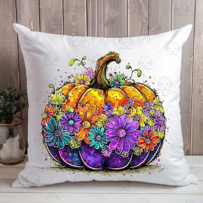 May include: A decorative white pillow featuring a vibrant, watercolor-style pumpkin design. The pumpkin is a mix of orange, yellow, and purple, adorned with colorful flowers in shades of blue, purple, orange, and yellow. The pillow is a square shape.