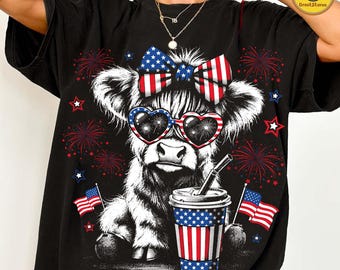 Highland Cow USA PNG, 4th of July Cow Design, Patriotic American Flag Cowgirl Bow PNG, Western Cute Animal Shirt Sublimation