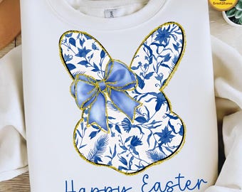 Easter Coquette Png, Happy Easter PNG, Blue Floral Chinoiserie Bunny Png, Grand Millennial Easter Png, Blue Toile Easter Rabbit Png