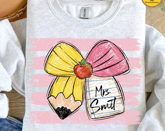 Preppy Teacher PNG, Custom Name Back to School Design, Coquette Pencil Teacher Life PNG, Boho Floral 1st Day School Png, Digital Download
