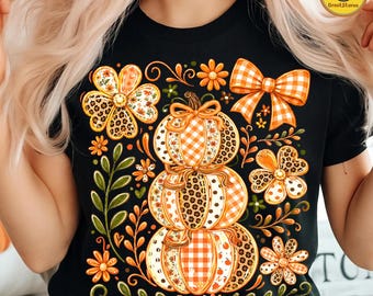 Coquette Fall Pumpkin PNG, Floral Striped Pumpkin Design, Gingham Leopard Dots Autumn PNG, Thanksgiving Digital Download