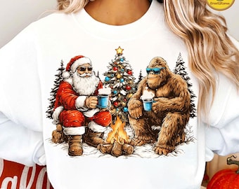 Merry Squatchmas PNG, Funny Santa and Bigfoot Christmas PNG, Sasquatch Holiday Friends PNG, Trendy Christmas Crew Png, Retro Holiday Design
