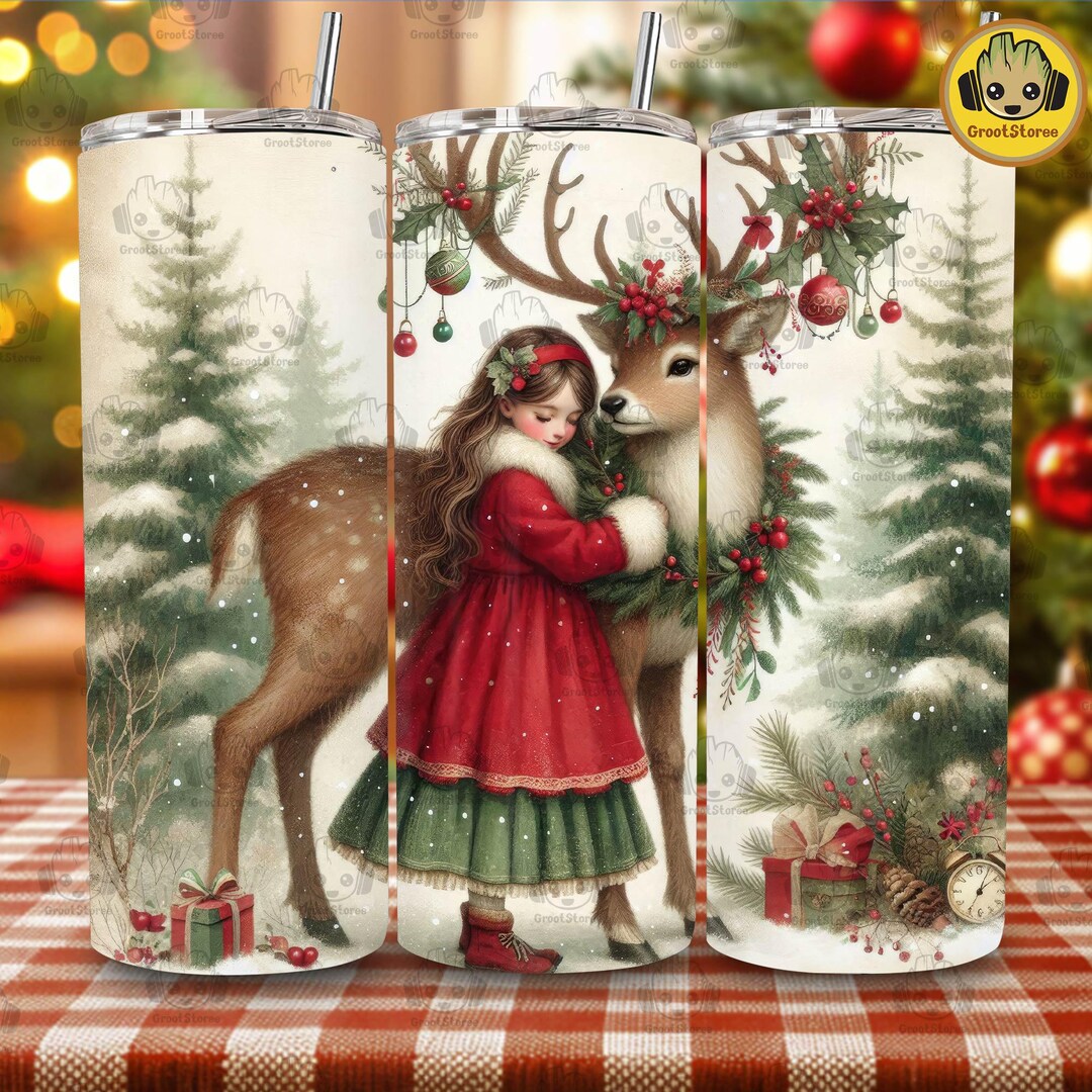 Vintage Christmas Girl and Reindeer 20 Oz Skinny Tumbler Wrap Png ...