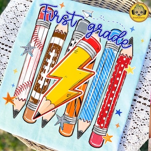 Pre-K To Fourth Grade PNG Bundle, Preppy Blue Gingham School Design, Baseball Basketball Lightning Bolt, First Day Of School PNG image 7