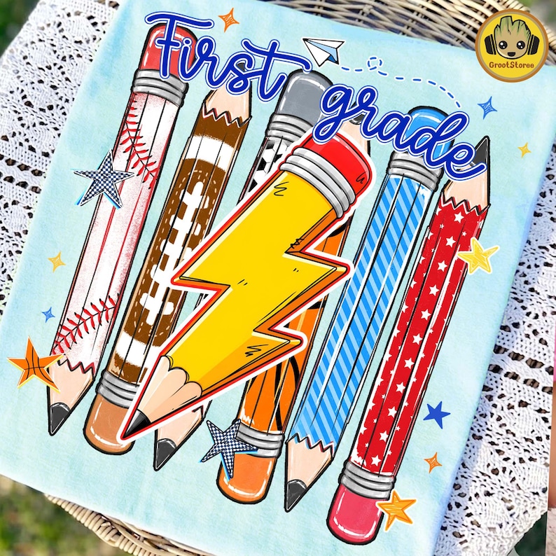 Pre-K To Fourth Grade PNG Bundle, Preppy Blue Gingham School Design, Baseball Basketball Lightning Bolt, First Day Of School PNG image 7