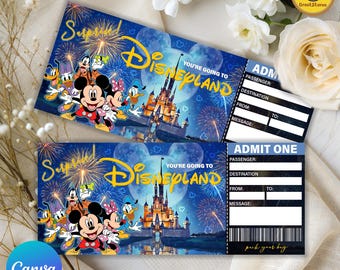 Editable Mouse Theme Park Ticket PNG, Canva Surprise Trip Template, Magic Park Family Gift, Vacation Reveal Ticket Printable