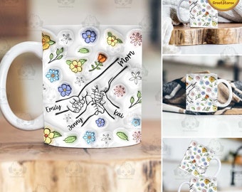 Gepersonaliseerde Holding Mom's Hand 3D opgeblazen effect mokontwerp, Moederdag bloemenmok png, Moederdagmok voor moeder png, cadeau voor moeder 11oz