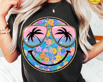 Preppy Floral Smiley Summer Png, Distressed Smile Face Beach Vibes Png, Preppy Summer Shirt Design Png, Preppy Mama Png, Summer Beach Png