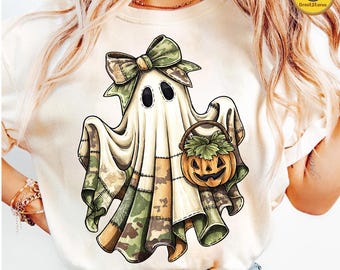 Retro Halloween grönt kamouflagespöke png, trendigt lapptäckespöke png, sött kamouflagespöke med pumpa png, läskig säsong png