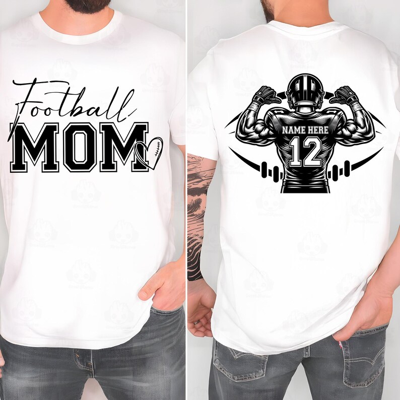May include: White t-shirt with the words "Football MOM" in black script and block letters, with a football-shaped heart graphic. The back of the shirt features a football player graphic with the text "NAME HERE" and the number "12".