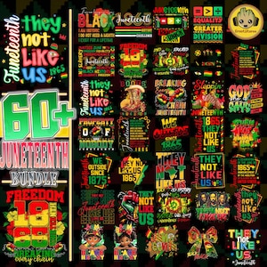 May include: A digital collection of Juneteenth-themed graphic designs featuring vibrant red, black, green, and yellow color palettes. The artwork includes text such as 'Juneteenth', 'They Not Like Us 1865', 'Freedom', and 'Equality Greater Than Division'.