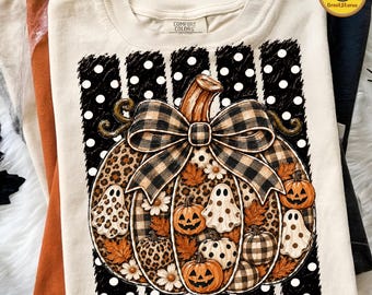 Coquette Pumpkin PNG, Striped Jack O Lantern Design, Cute Ghost & Leopard Print Graphic, Trendy Fall Halloween Shirt Sublimation