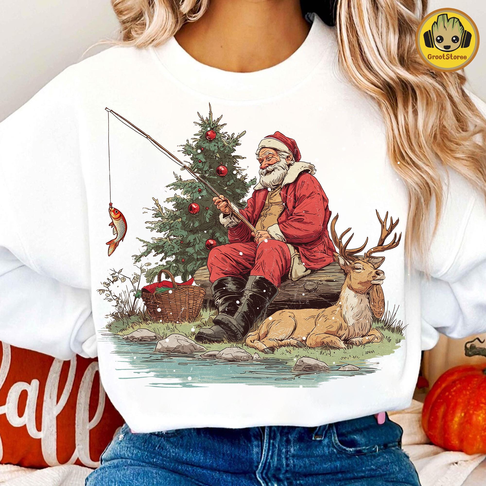T-shirt Léger Gildan Noël - Motif Santa Claus Qui Pêche Dans Son Bateau - Coton, Taille Régulière, Fabriqué UK