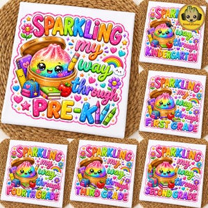 Kawaii Back To School PNG Bundle, Glitter Dumpling Grade Level PNG, Pre-K Kindergarten First Second Third Fourth Grade Sublimation