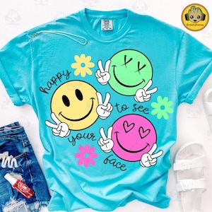 Retro Happy To See Your Face Png, Neon Floral Teacher Png, Smile Face Png, Back To School Png, Trendy Teacher Smiley Png, Happy Face Png