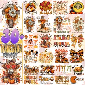 May include: A digital art bundle with a Thanksgiving theme. The image features various illustrations, including turkeys, pumpkins, bows, and floral arrangements. Text elements include "Thanksgiving Bundle", "Give Thanks to the Lord", and "Fall Vibes".