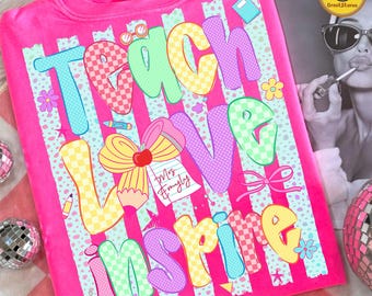 Teach Love Inspire PNG, Teacher Pencil Bow Design, Retro Stripes Teacher PNG, Back to School Teacher Appreciation Gift