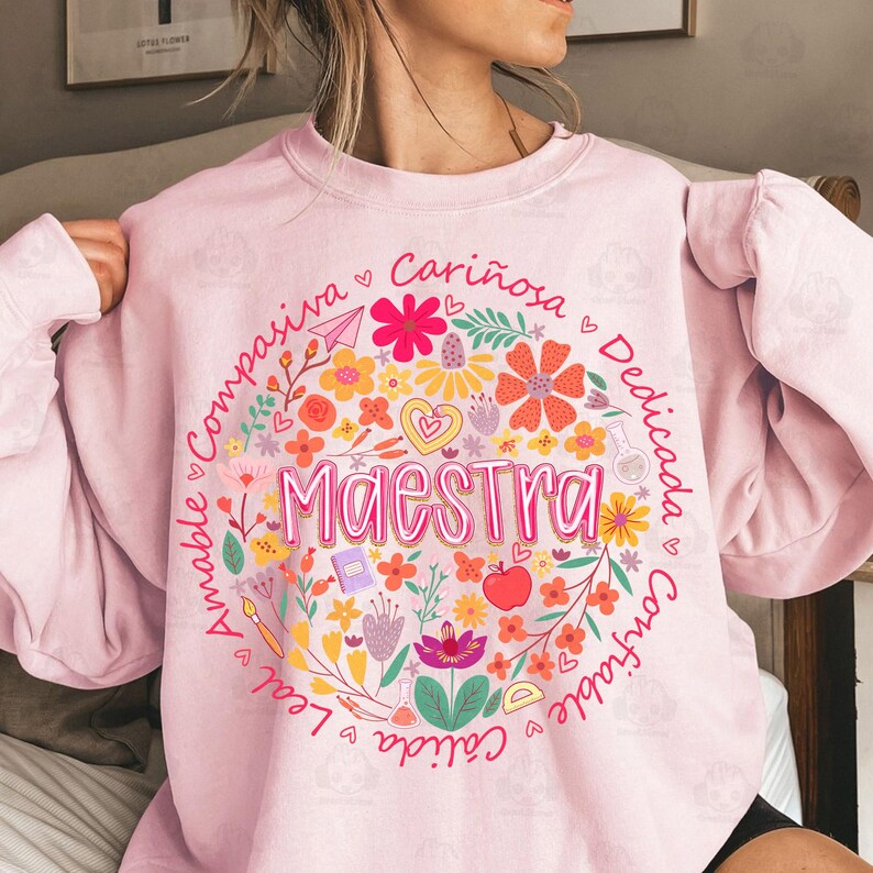 Retro Preppy Maestra Floral Png, Boho Floral Maestra Png, Vintage Preppy Spanish Teacher Png, Brushstroke Teacher Shirt Png, Digital File image 5