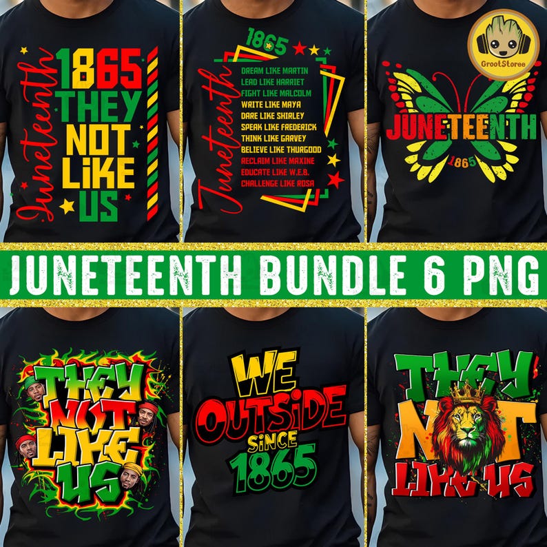 May include: A collection of six black t-shirts with Juneteenth-themed designs. The shirts feature text and graphics in red, yellow, green, and black, including phrases like "They Not Like Us" and "We Outside Since 1865."