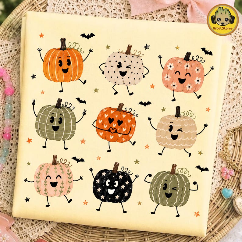 May include: A light yellow fabric square featuring a repeating pattern of nine cartoon pumpkins with faces, arms, and legs. The pumpkins are decorated with various patterns including polka dots, flowers, hearts, and stars, interspersed with small black bats and orange stars.