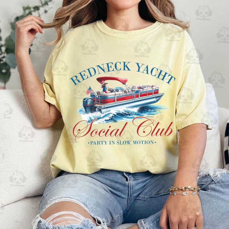 May include: A yellow t-shirt with the text "Redneck Yacht Social Club" and a cartoon image of a pontoon boat with an American flag. The text below the boat says "Party in Slow Motion."