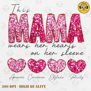 Esta mamá ama sus corazones en la manga con purpurina rosa, nombre de niño personalizado, corazón de caramelo de mamá de San Valentín, feliz día de San Valentín, archivo digital