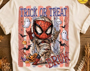 Trick Or Treat Bruh PNG, Spider Boy Skeleton Halloween PNG, Retro Checkerboard Skeleton Shirt, Boys Halloween Graphic, Spooky Season Kids