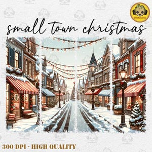 May include: A digital illustration of a small town covered in snow during Christmas. The illustration features a street lined with buildings decorated with Christmas lights and snow-covered trees. The street is empty, but there are Christmas trees and wreaths in the windows of the buildings.