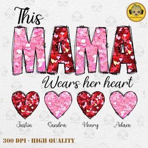 Esta mamá ama sus corazones en la manga con purpurina rosa, nombre de niño personalizado, corazón de caramelo de mamá de San Valentín, feliz día de San Valentín, archivo digital