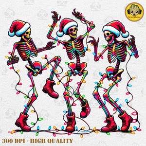 May include: Three skeletons wearing Santa hats and colorful Christmas lights dance together. The skeletons are in various poses, with their arms and legs outstretched. The lights are strung around their bodies and create a festive atmosphere.
