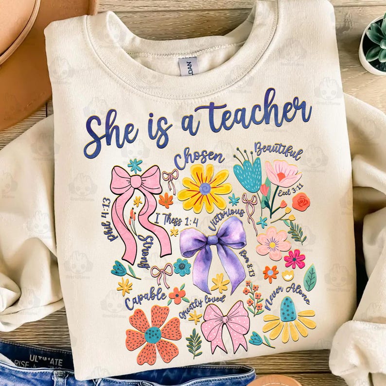Puede incluir: Una sudadera beige con el texto "She is a teacher" en letras azules. El dise&ntilde;o presenta una forma de coraz&oacute;n hecha de flores, lazos y vers&iacute;culos b&iacute;blicos.