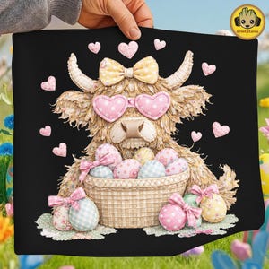 May include: A black pillow featuring a whimsical illustration of a Highland cow wearing heart-shaped sunglasses and a bow. The cow is holding a basket of Easter eggs, surrounded by pink hearts and decorative eggs.