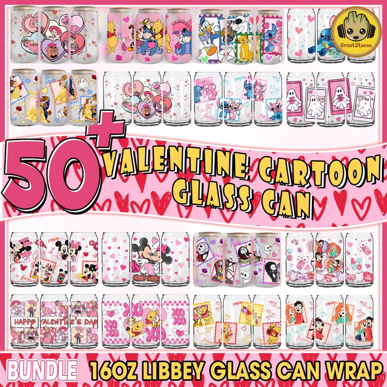 50+ Valentine Cartoon Couple 16 oz Glass Can Design Bundle, Valentine Movie UV DTF Cup Wrap Design Png, Retro Valentine Wrap Png image 1