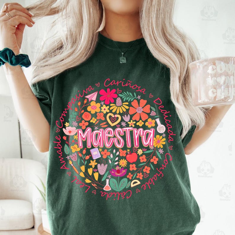 Retro Preppy Maestra Floral Png, Boho Floral Maestra Png, Vintage Preppy Spanish Teacher Png, Brushstroke Teacher Shirt Png, Digital File image 4