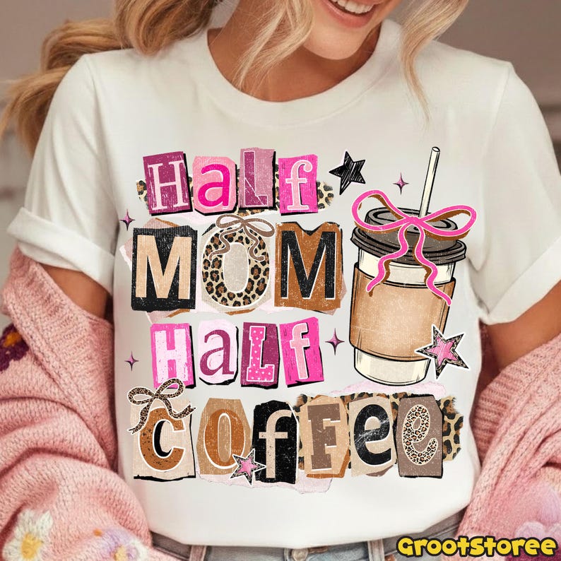 Coffee Mama PNG, Halvmamma Halvkaffeskjortadesign, Retrorutig kokettrosett, Leopardfärgad mors dag digital nedladdning bild 4
