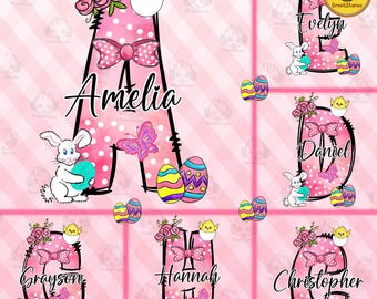 Custom Alphabet Easter Bunny Doodle Letter Bundle Png, Add Your Own Name, Gift For Kid Shirts Design, Custom Name Easter Day Png