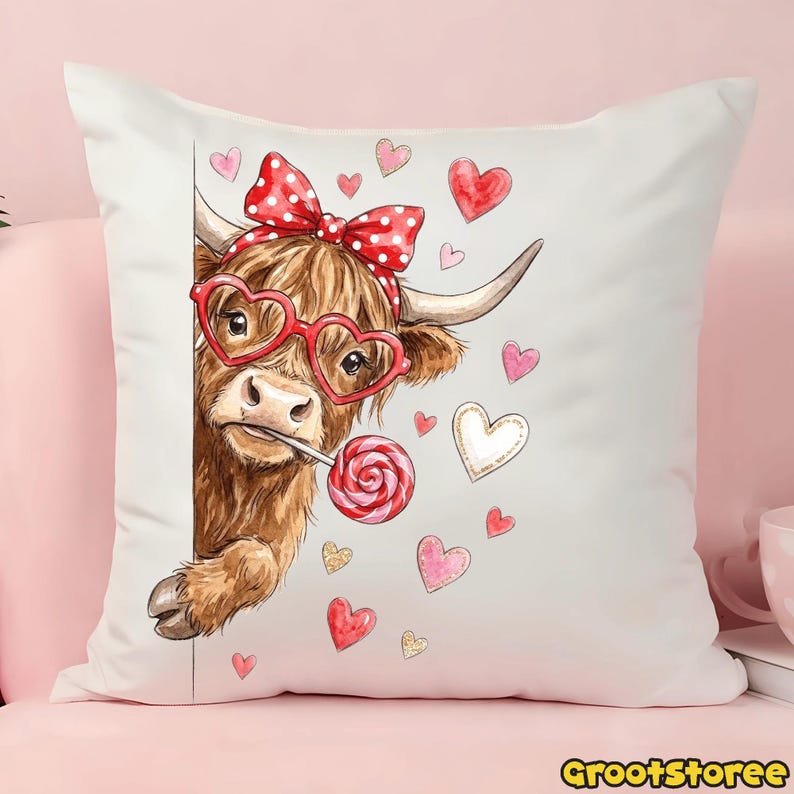 May include: A white square pillow featuring a watercolor illustration of a Highland cow wearing heart-shaped glasses and a red polka dot bow. The cow is holding a lollipop, surrounded by heart-shaped designs.